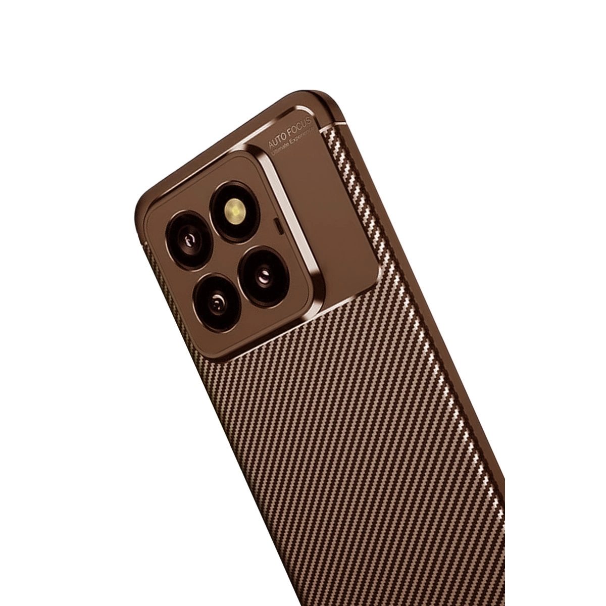 Karbon fiber desenli, dört lensli kahverengi telefon kılıfı.