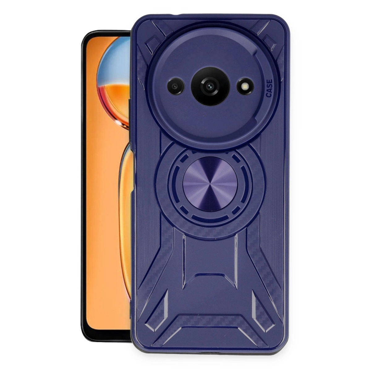 Halka tutuculu ve kamera oyuntulu lacivert telefon kılıfı, akıllı telefonun yanında.
