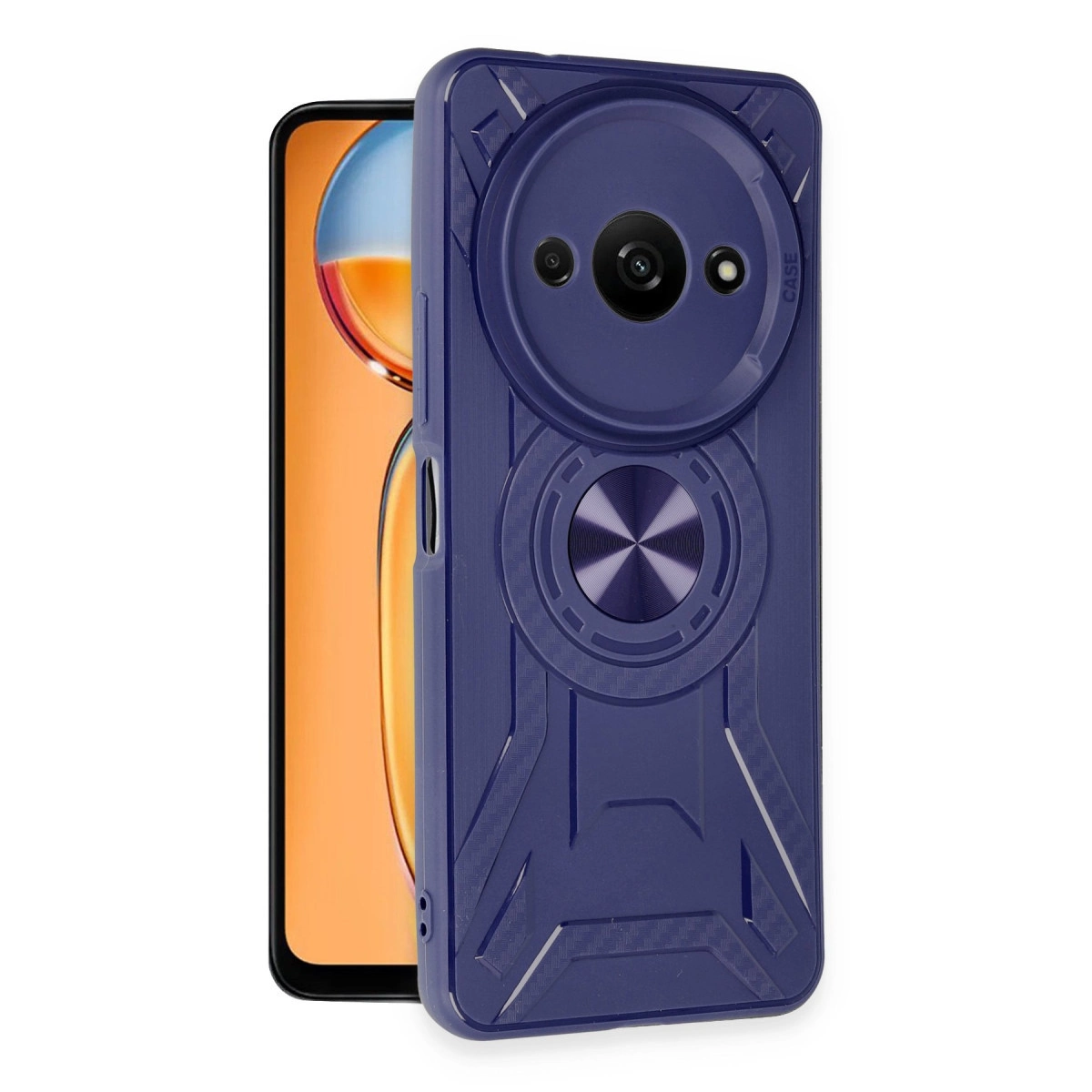 Telefon önünde kamera korumalı ve halka tutuculu lacivert telefon kılıfı.