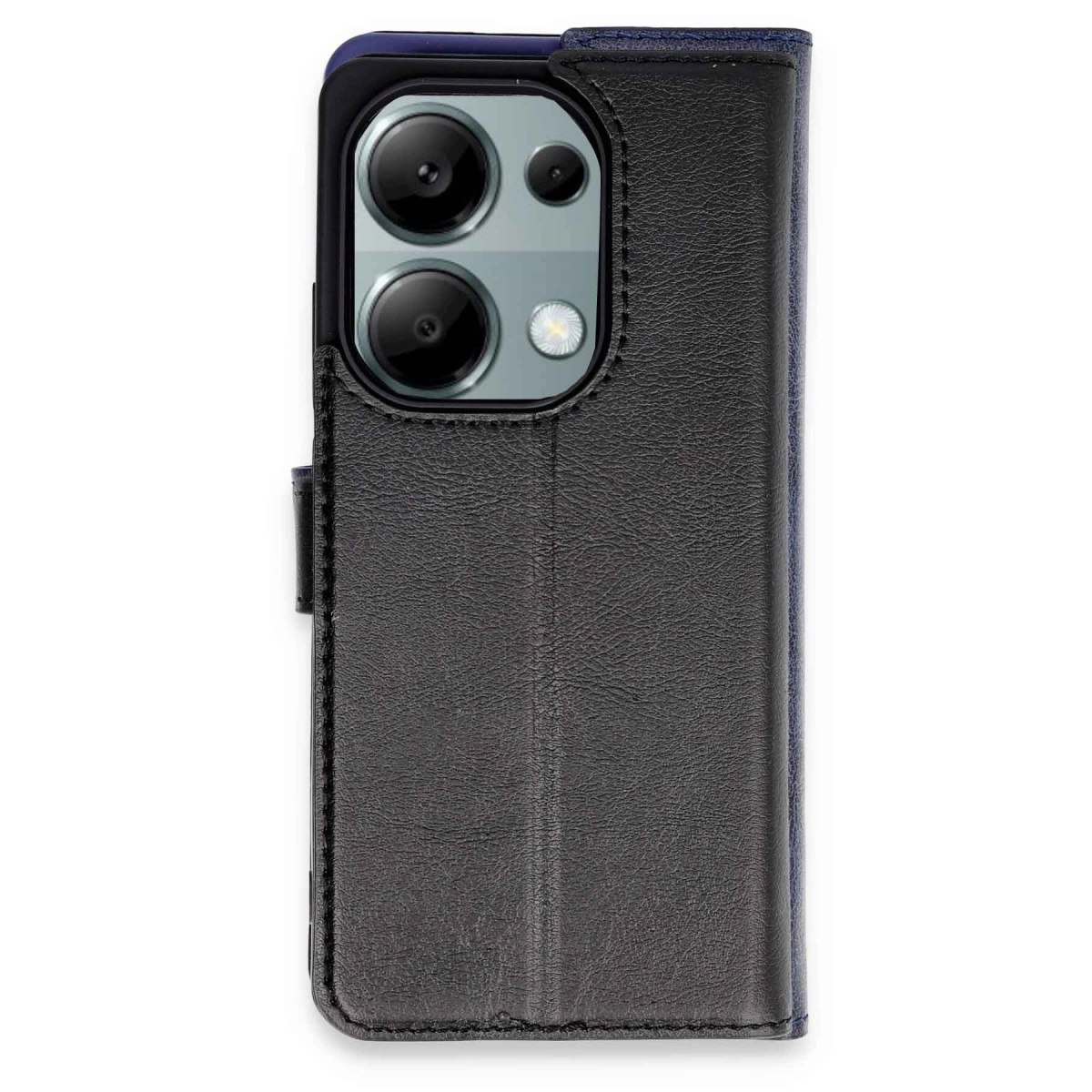 Mavi süslemeli siyah deri telefon kılıfı, kamera lenslerini gösteriyor.