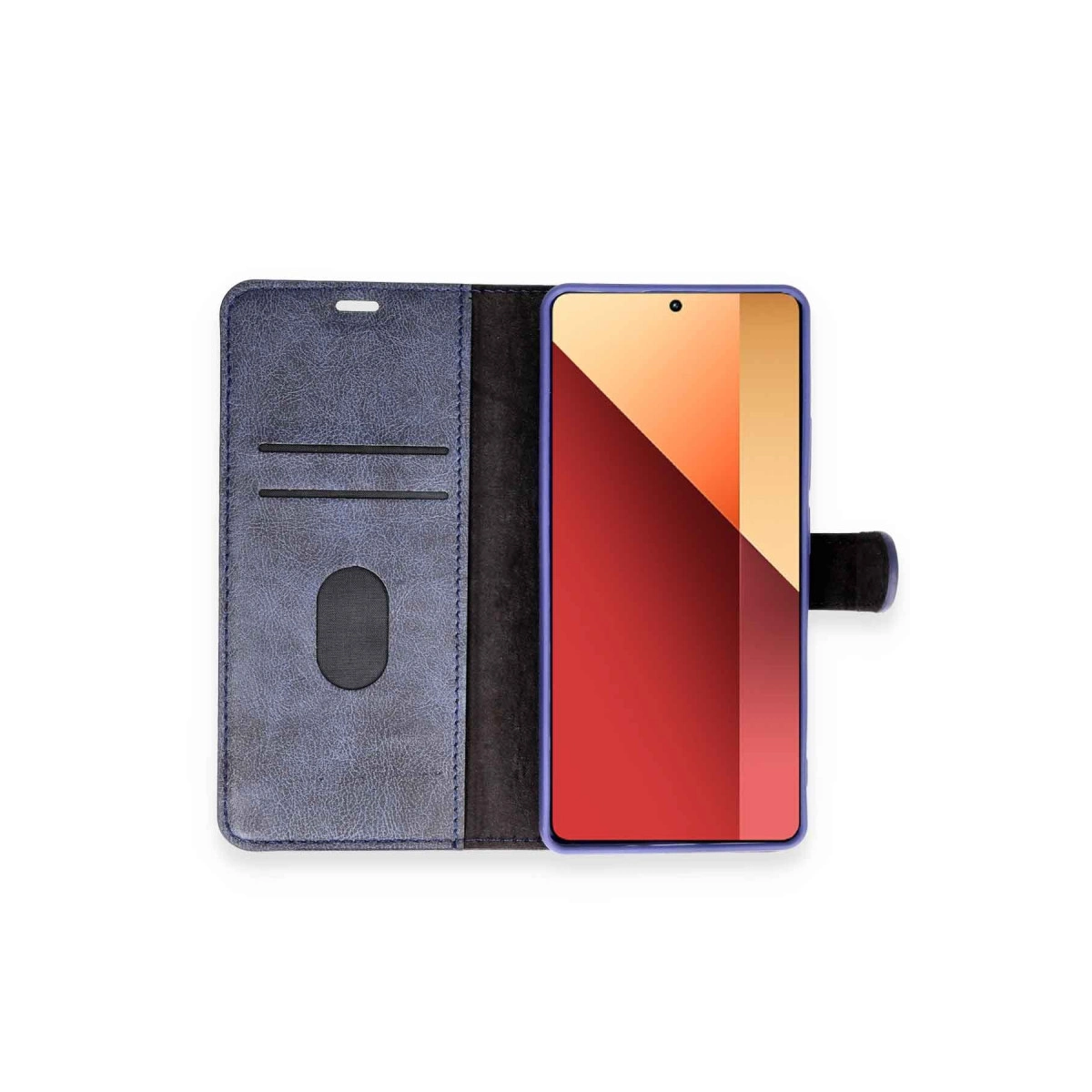 Kırmızı ekranlı akıllı telefon içeren mavi kapaklı telefon kılıfı.