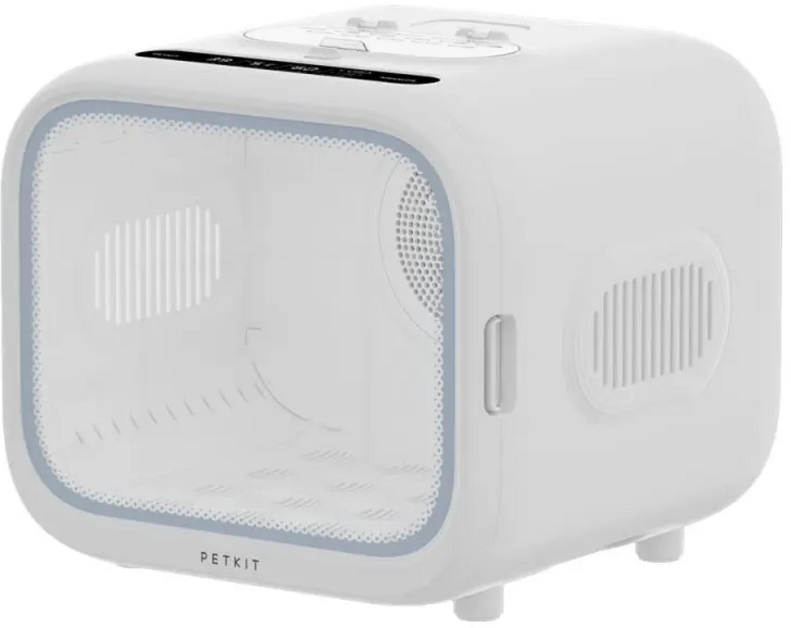 Biały, sześcienny transporter dla zwierząt z przezroczystymi bokami i otworami wentylacyjnymi.