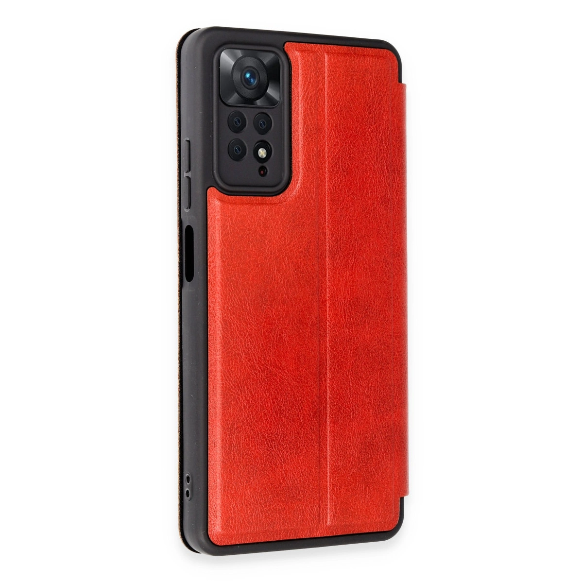 Kamera kesimli ve dikişli kırmızı telefon kılıfı. Siyah çerçeve.