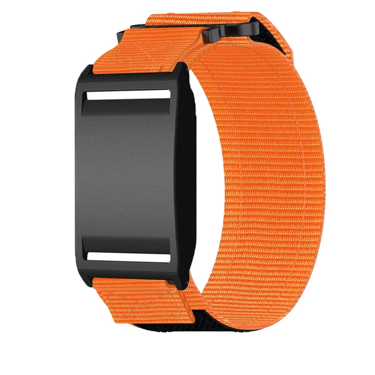 Orange Uhrenarmband mit schwarzem Gehäuse, auf weißem Hintergrund.
