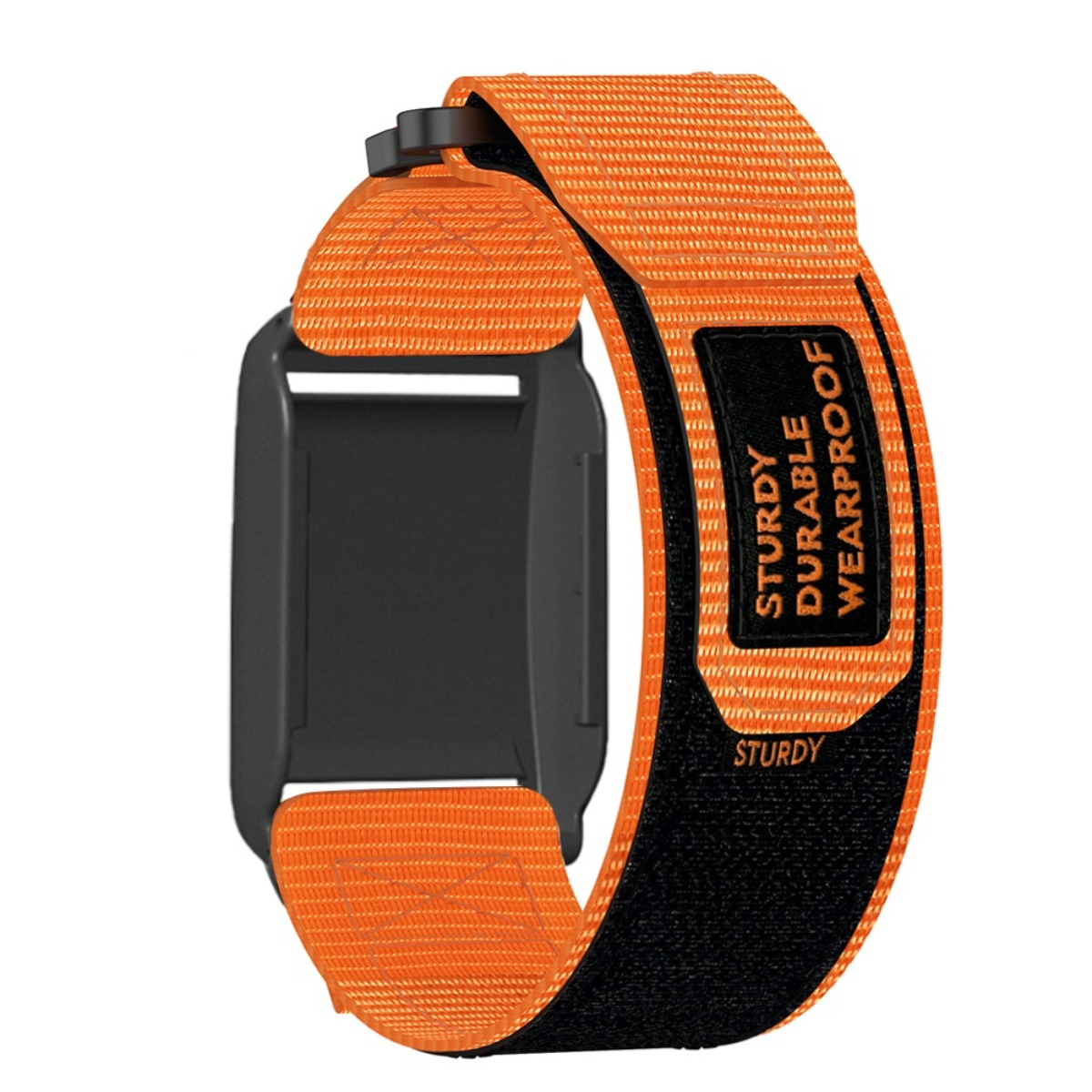Ein orangefarbenes Armband mit schwarzem Klettverschluss und Aufdruck.