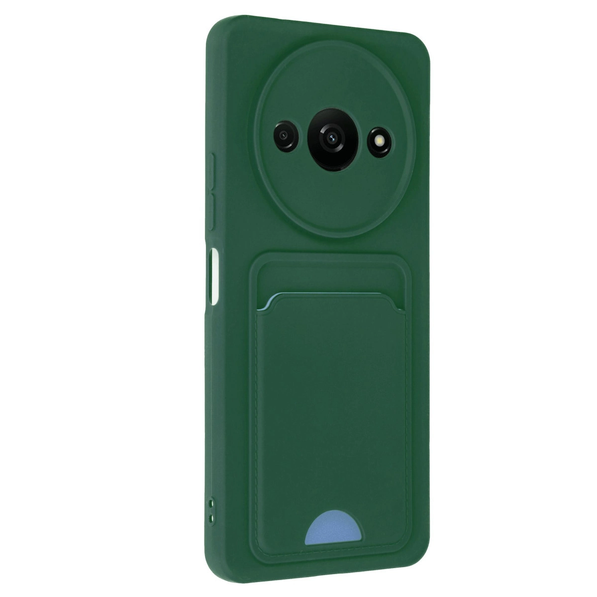 Kamera modüllü ve kart yuvalı koyu yeşil telefon kılıfı.