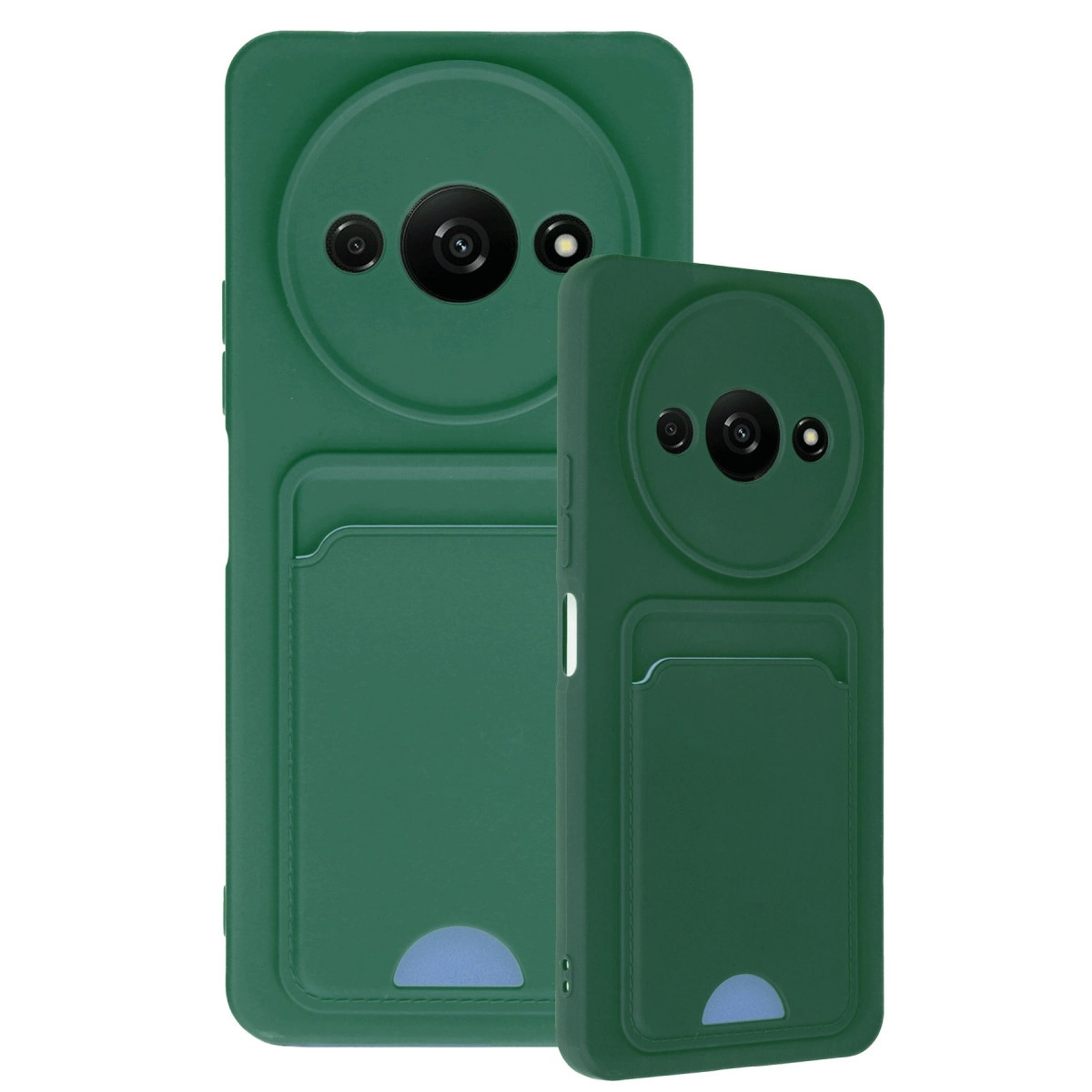 Kart yuvaları ve yuvarlak kamera modülleri olan iki yeşil telefon kılıfı.
