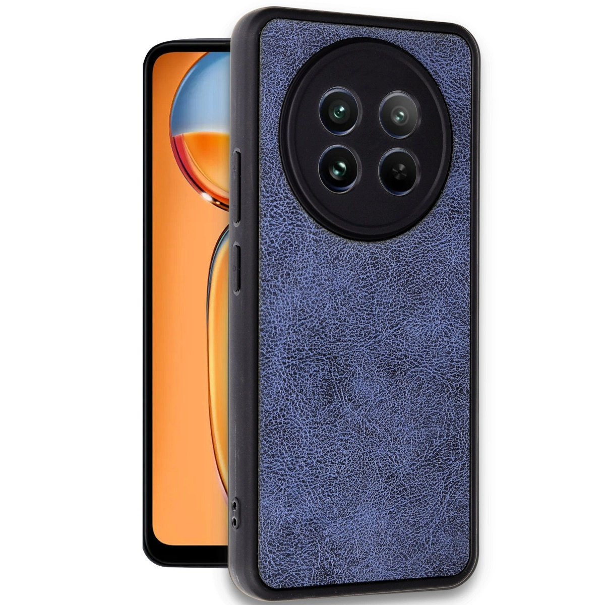 Dört kameralı mavi telefon kılıfı ve turuncu ekranın bir kısmı.