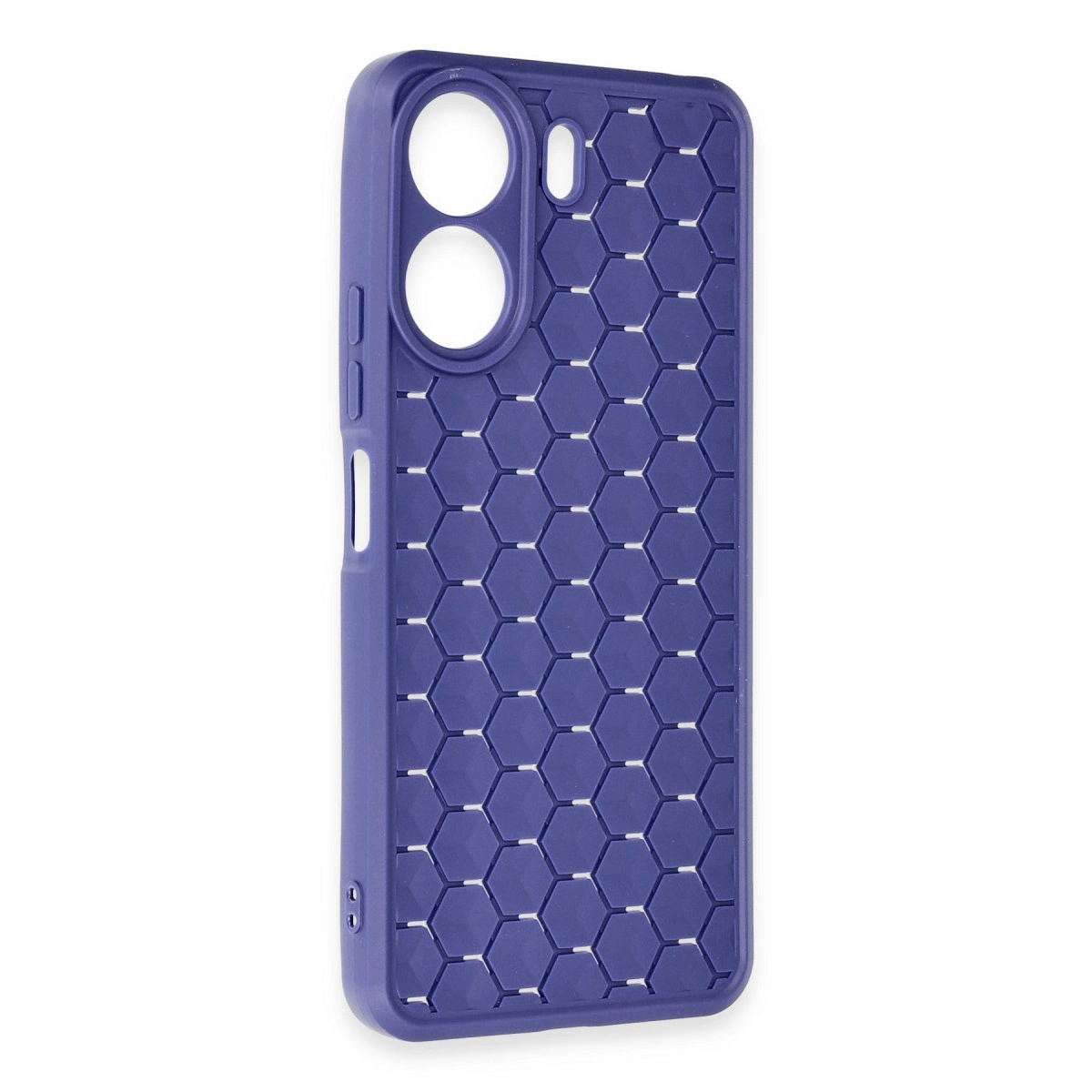 Altıgen desenli ve kamera kesimli mavi telefon kılıfı.