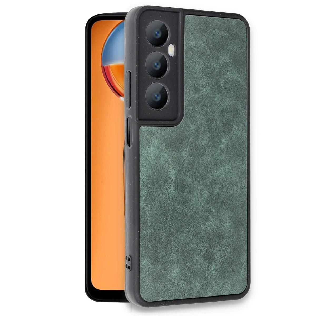 Yeşil arka ve üç lensli kamera modülüne sahip akıllı telefon.
