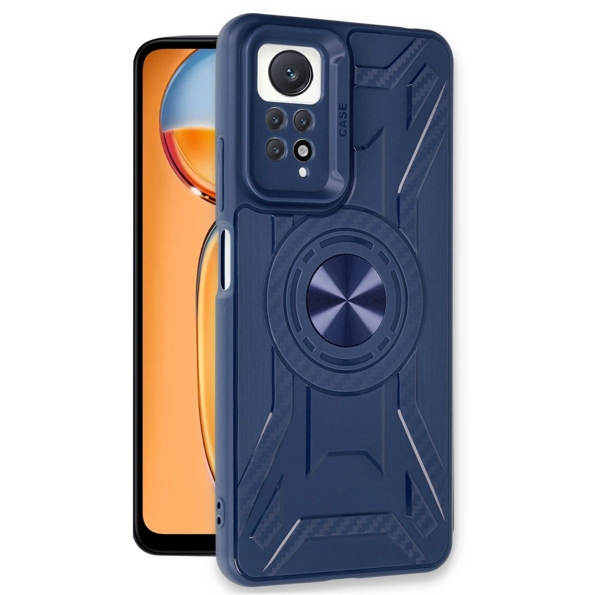 Koyu mavi telefon kılıfı, kamera sistemi ve halka tutucu ile.