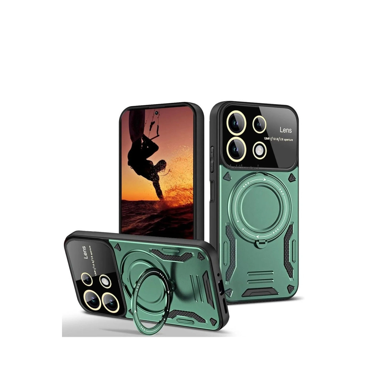 Halkalı üç yeşil telefon kılıfı. Biri ekranda sörfçü gösteriyor.