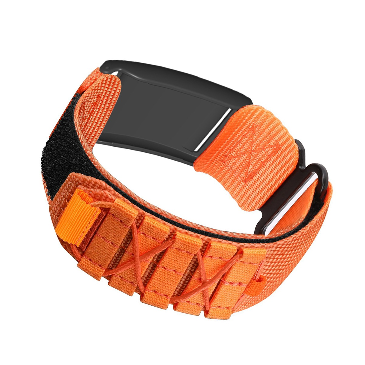 Ein orangefarbenes Armband mit schwarzem Klettverschluss und Schnürung.