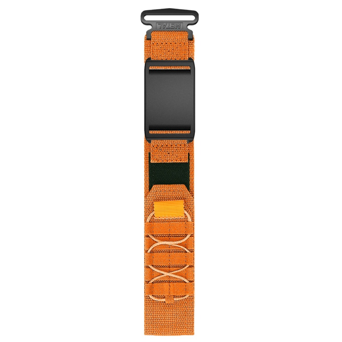Ein orangefarbenes Armband mit schwarzem Verschluss und Schnallen.