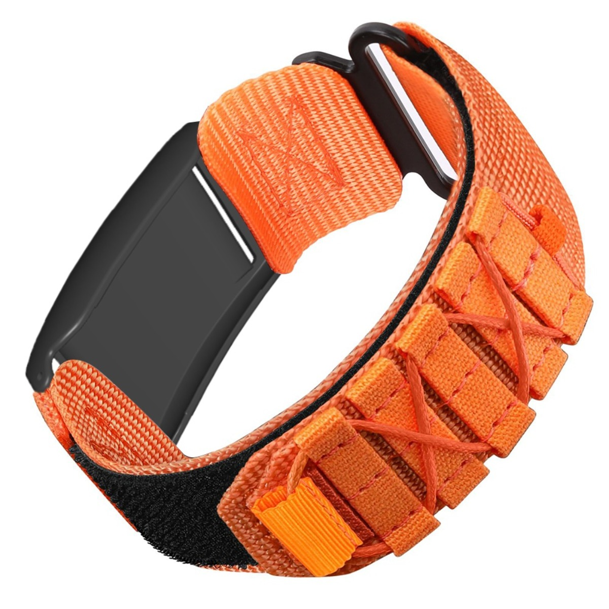 Ein orangefarbenes Armband mit schwarzem Verschluss und Klettverschluss.