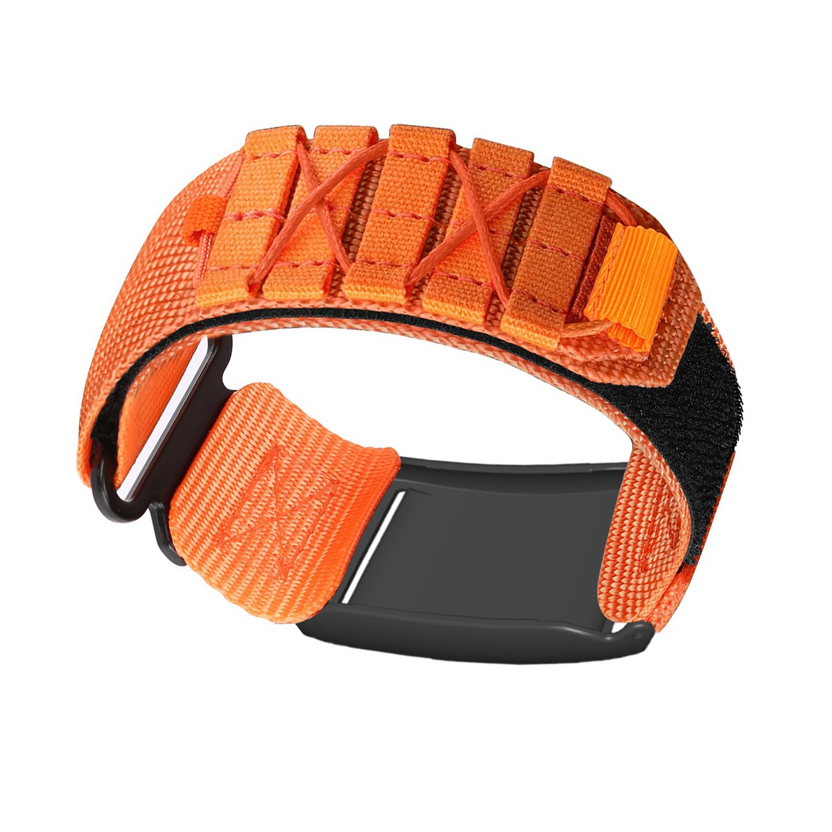 Ein orangefarbenes Armband mit schwarzem Verschluss und Schnürung.