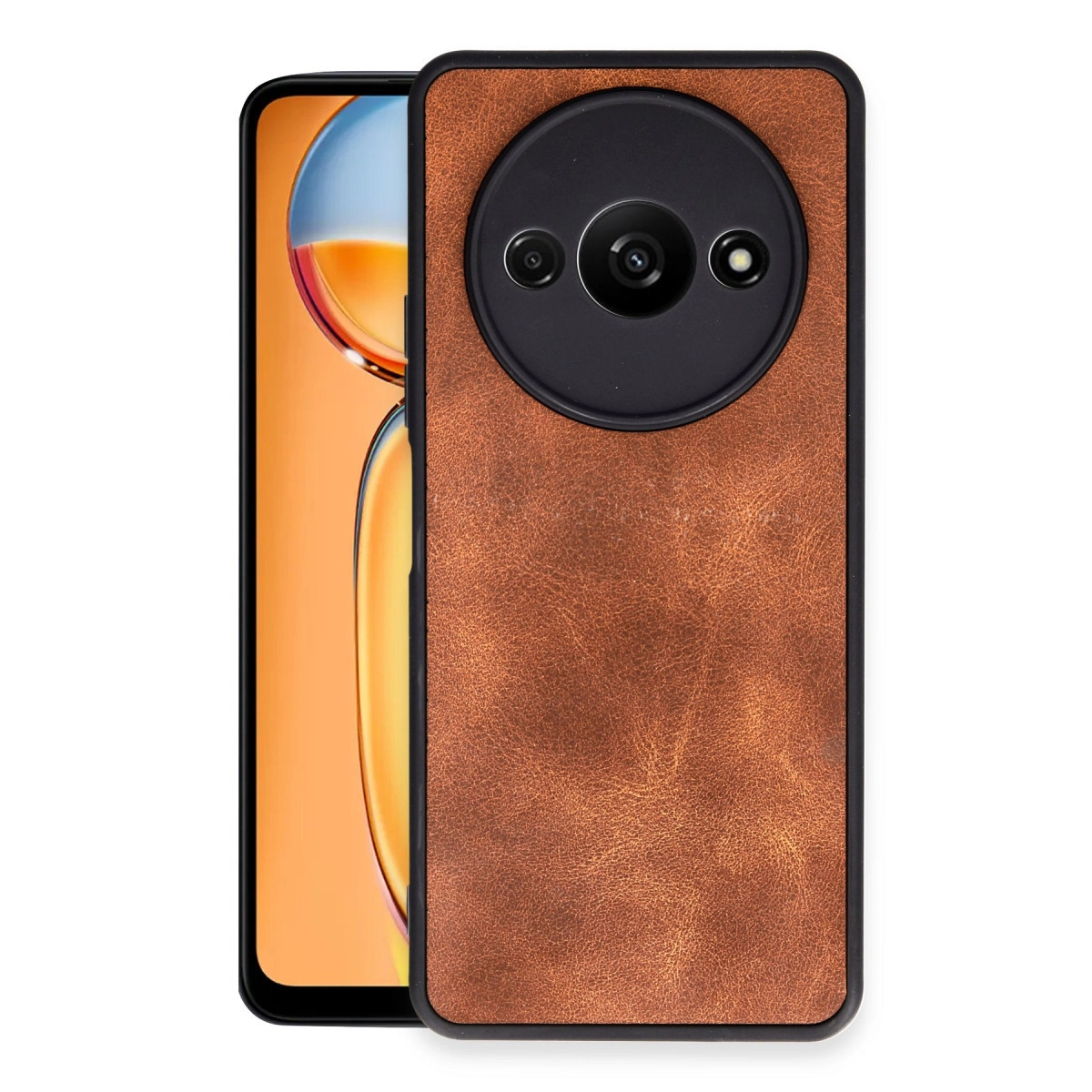 Turuncu ekranda yuvarlak kamera modülüne sahip kahverengi telefon kılıfı.