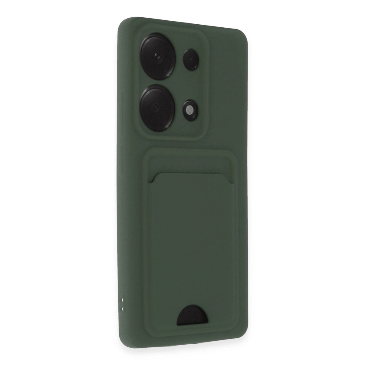 Koyu yeşil telefon kılıfı, kart yuvası ve kamera modülü.