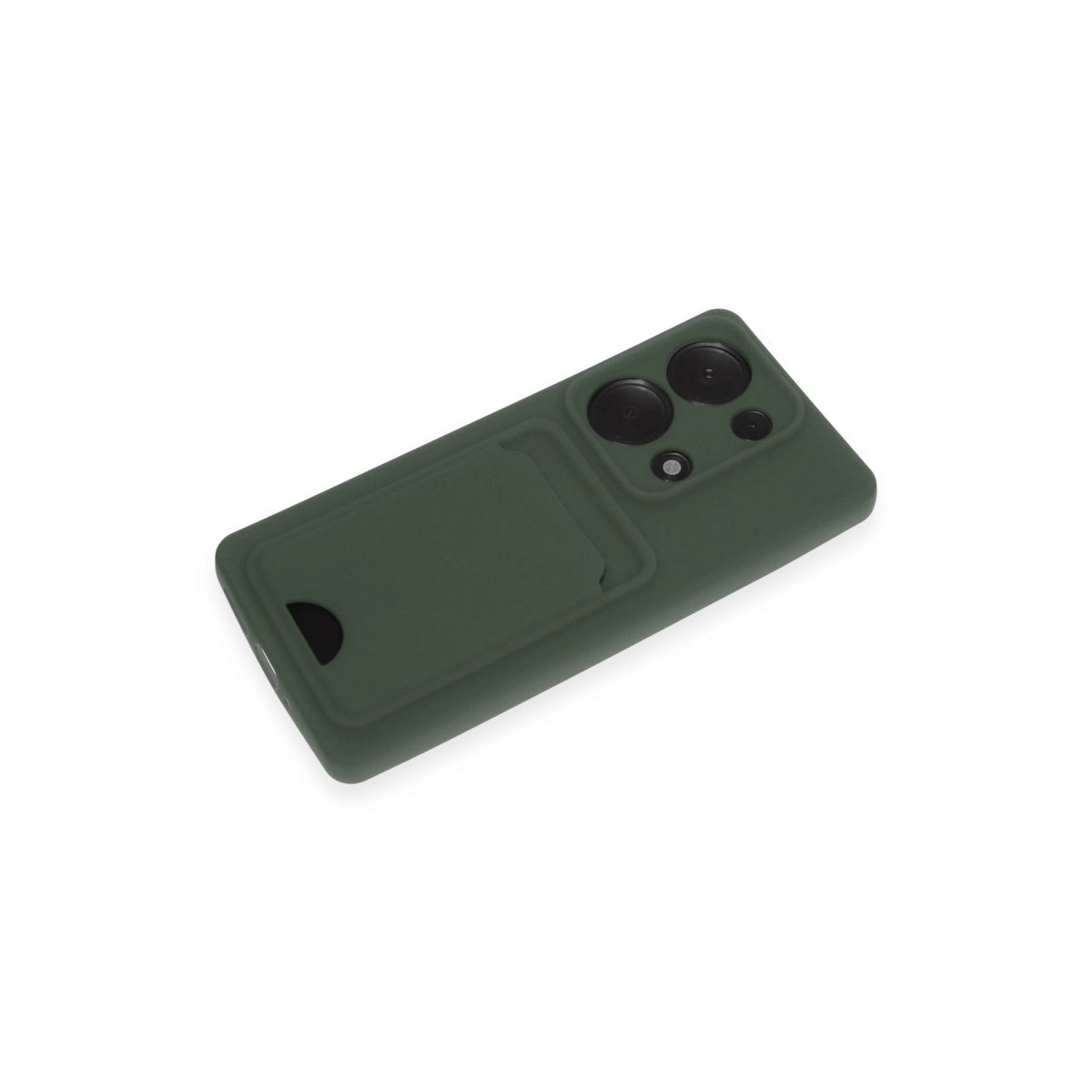 Kart yuvalı ve kamera kesimli koyu yeşil telefon kılıfı.