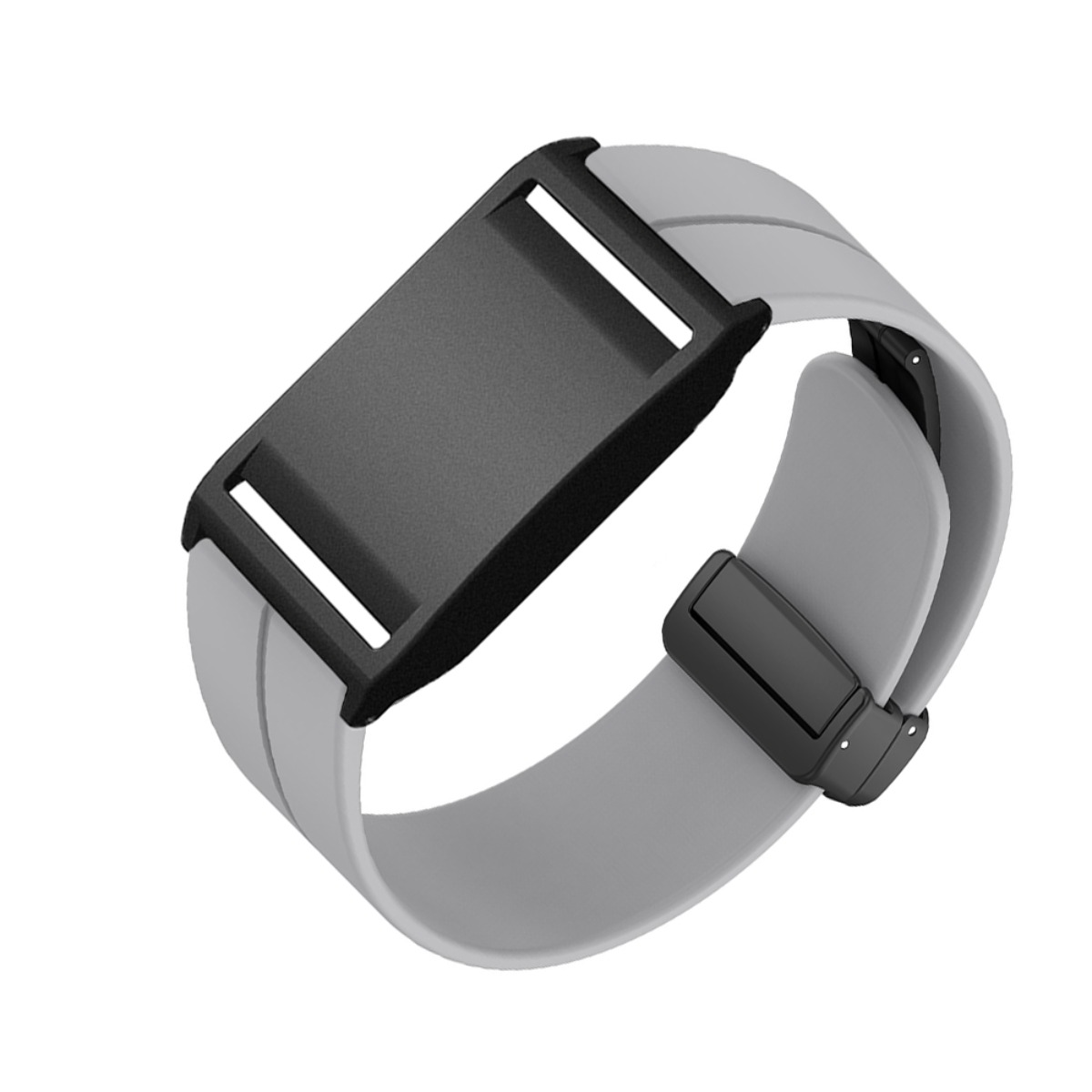 Ein graues Armband mit schwarzem Verschluss, auf weißem Hintergrund.