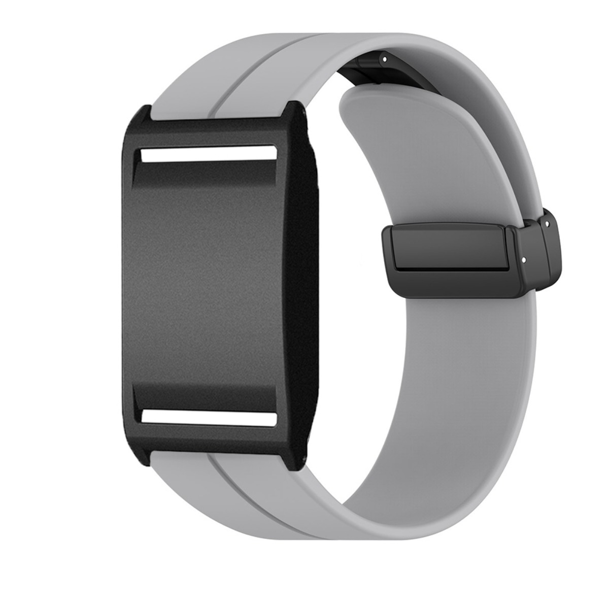 Graues Armband mit schwarzem Gehäuse und Schnalle, modernes Design.