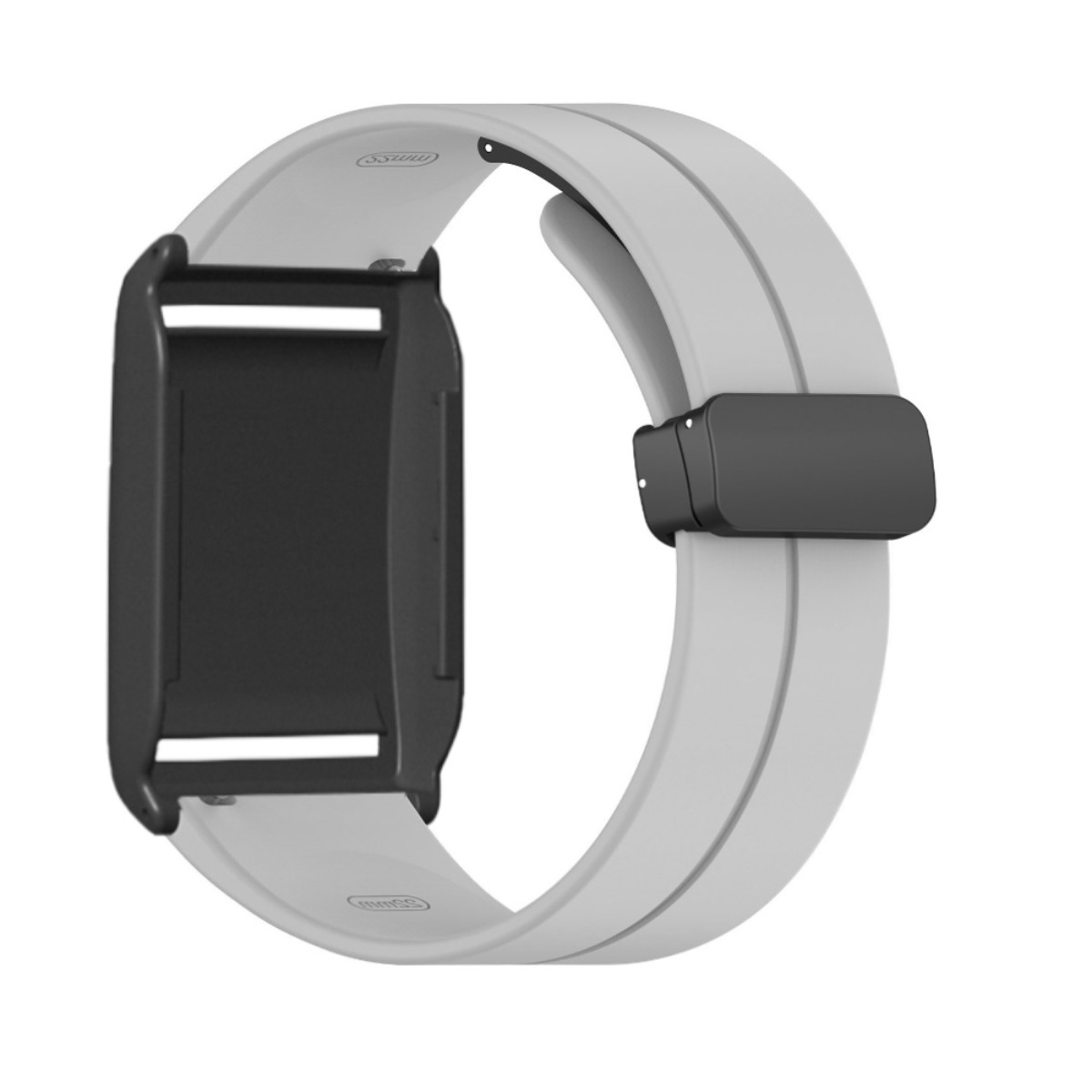 Graues Armband mit schwarzem Verschluss und schwarzer Halterung.