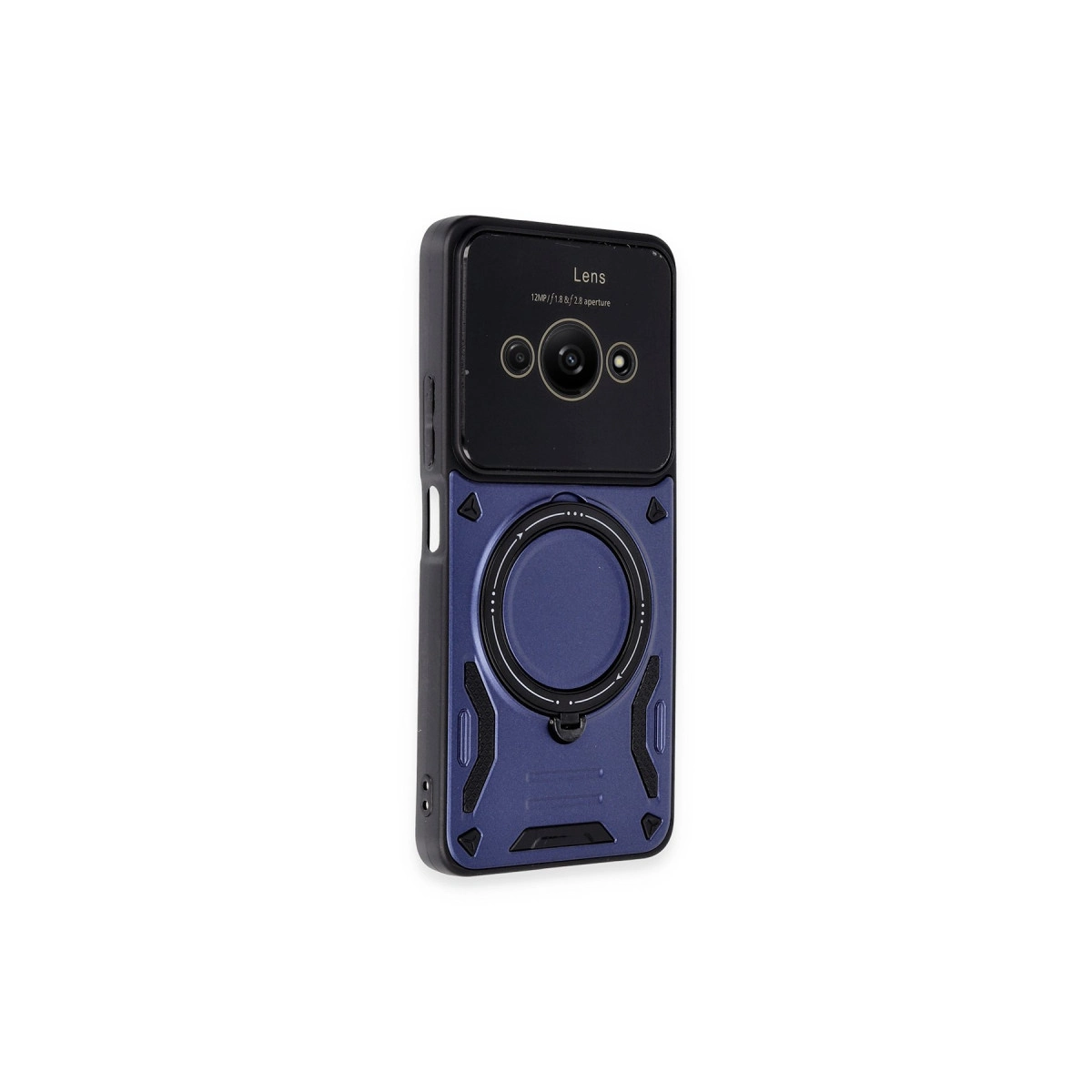 Kamera lensli ve halka detaylı mavi ve siyah telefon kılıfı.