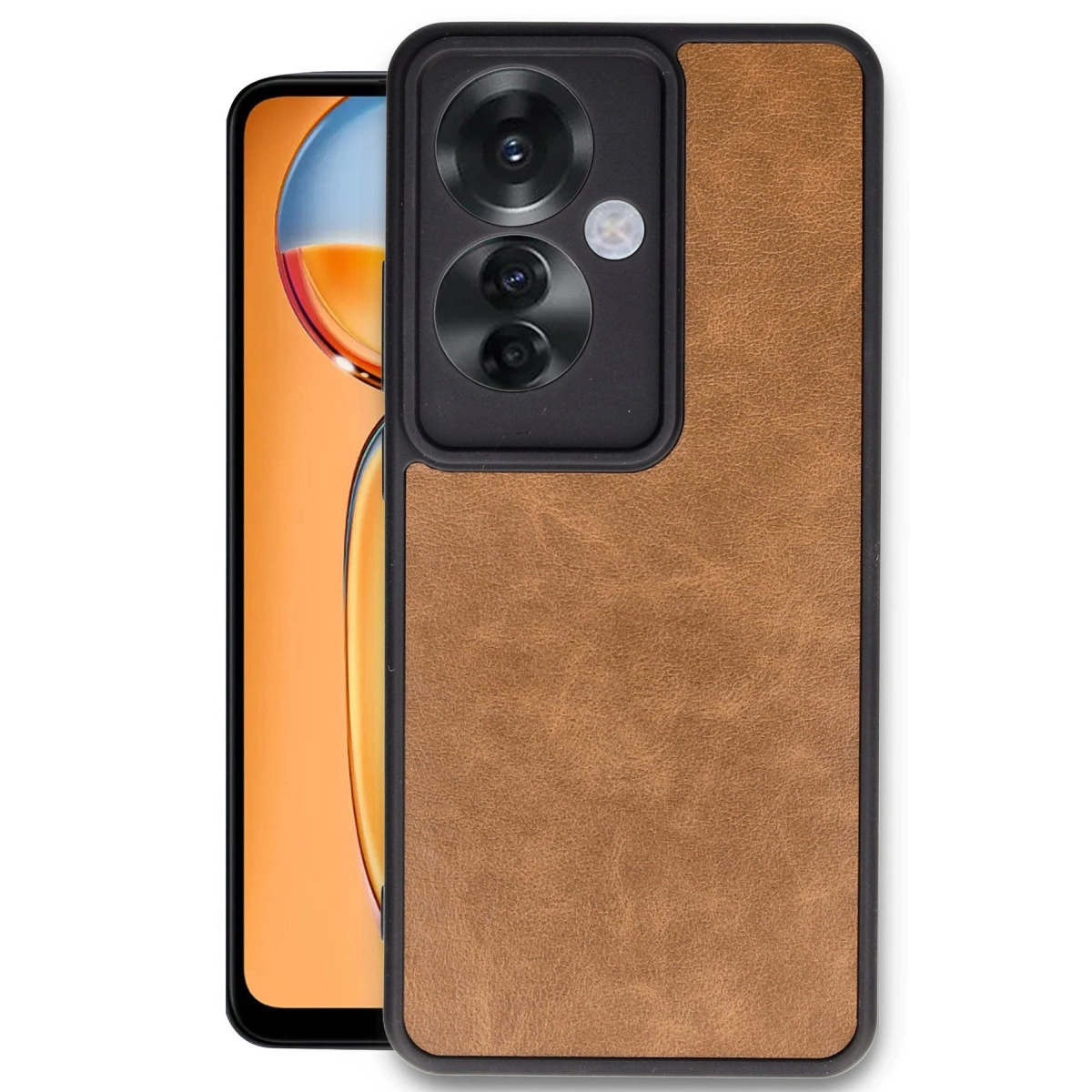 Kamera modülü ve turuncu ekranın bir kısmını içeren kahverengi telefon kılıfı.