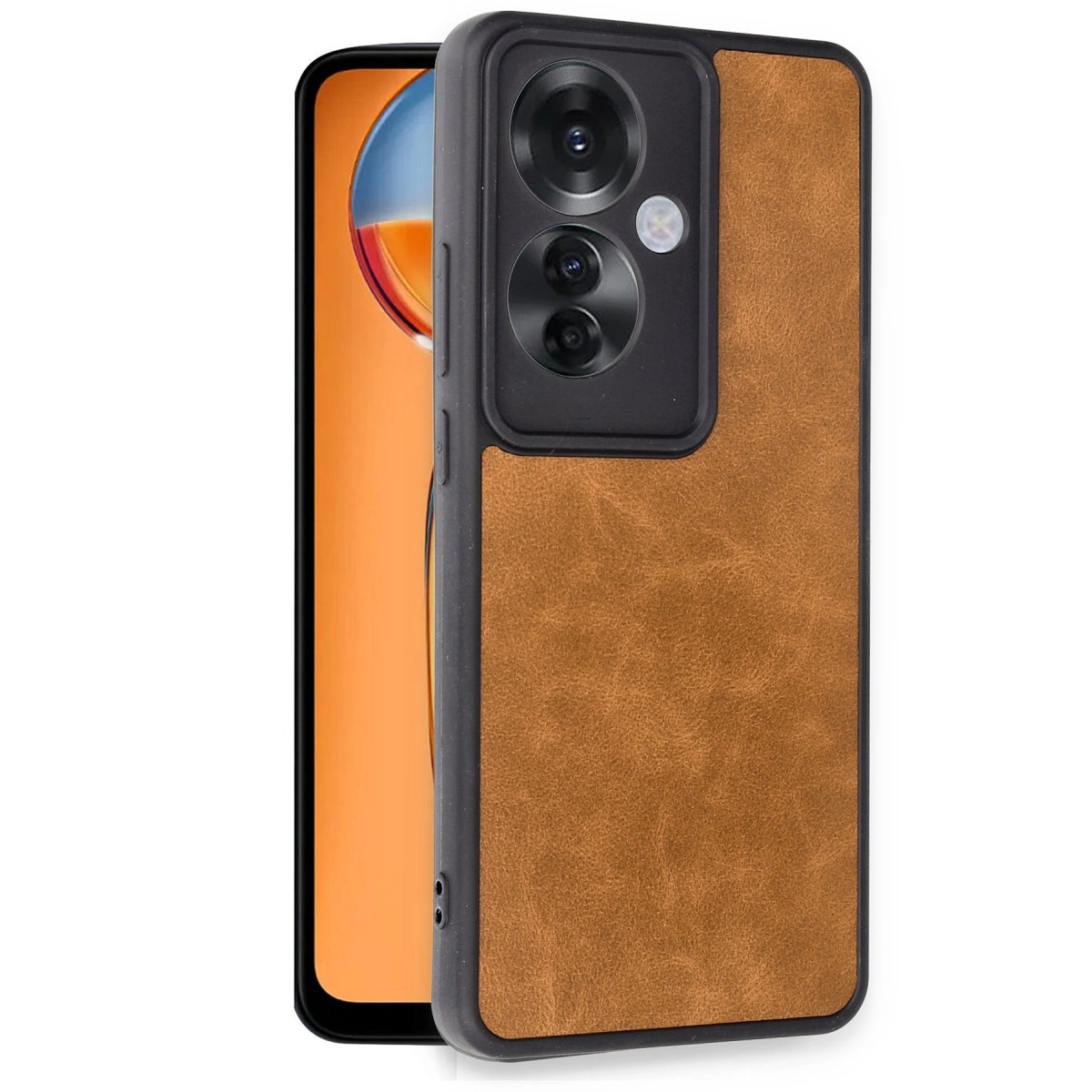 Kamera modüllü kahverengi suni deri telefon kılıfı.
