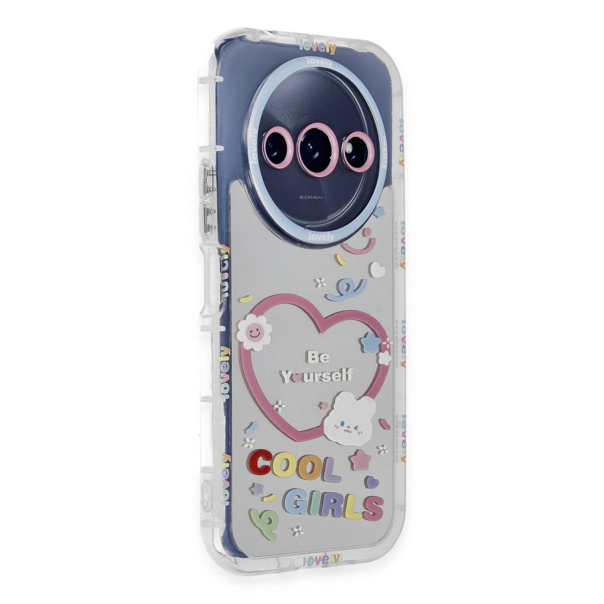 Kalpler, tavşan ve 'Cool Girls' yazılı şeffaf telefon kılıfı.