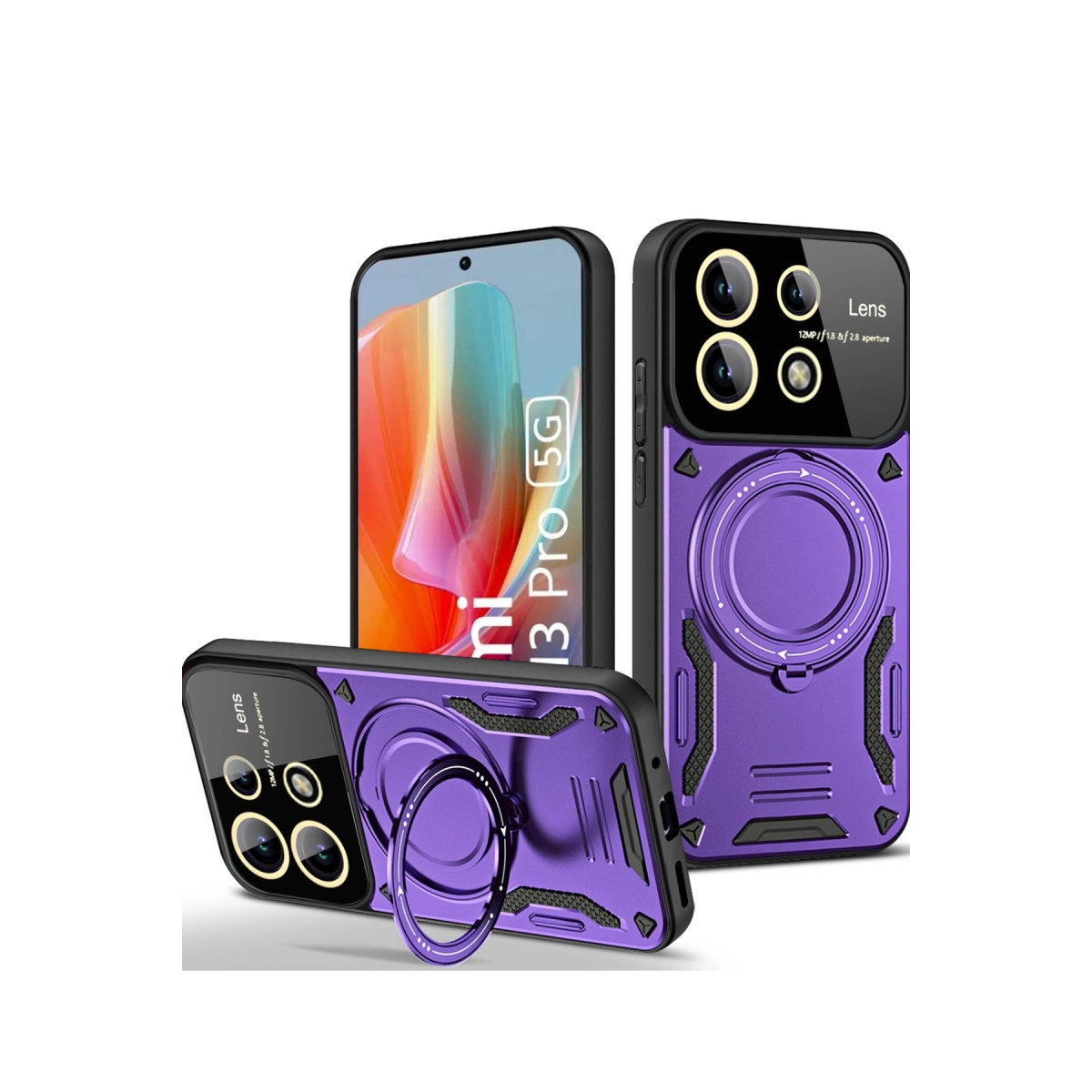 Halka tutuculu üç mor telefon kılıfı, beyaz arka plan