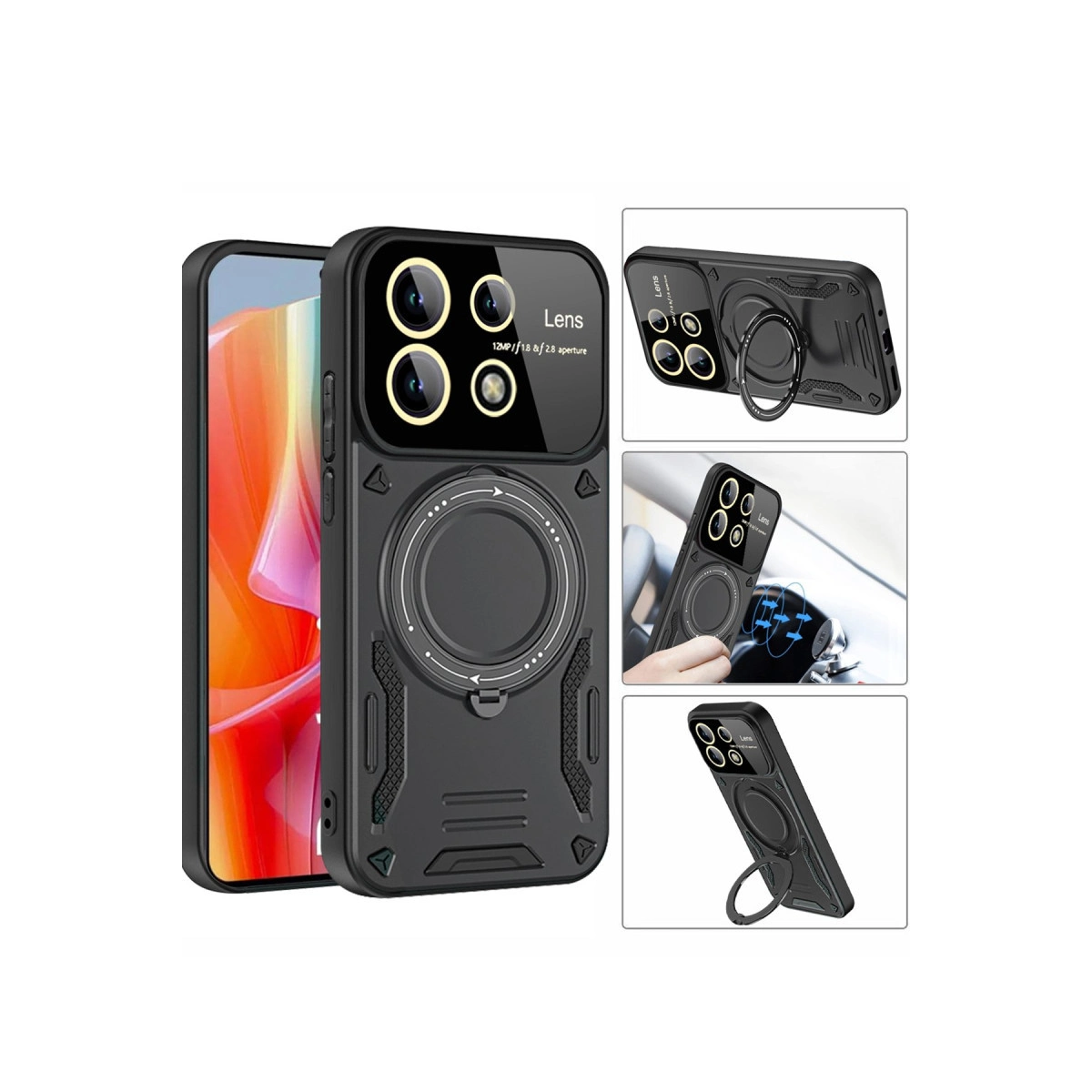 Dört kamera lensli, halka tutuculu ve manyetik arkalı siyah telefon kılıfı.