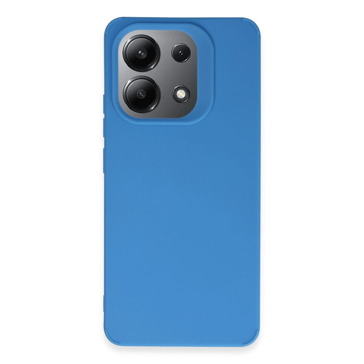 Üç lensli ve flaşlı kare kamera modülüne sahip mavi telefon kılıfı.