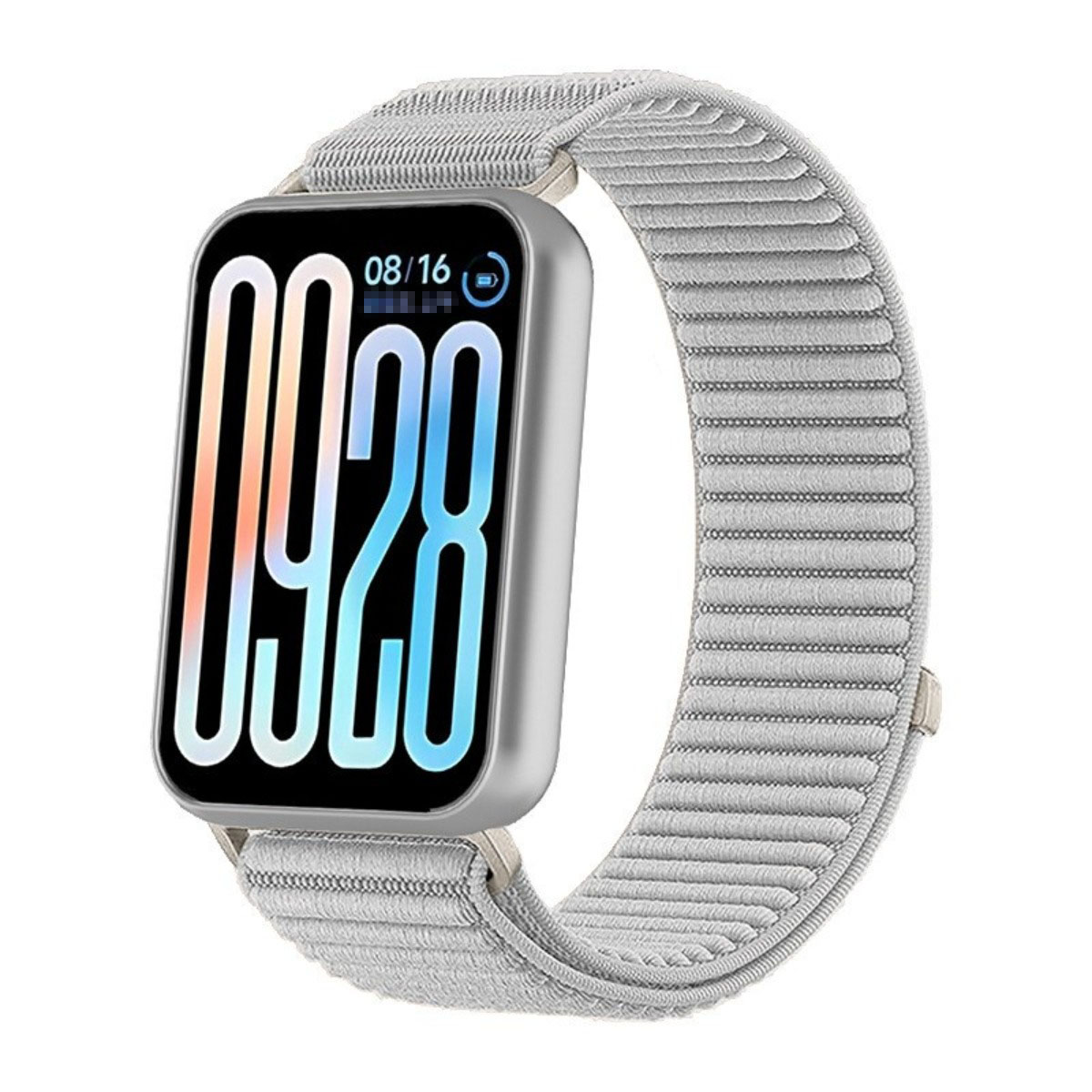 Silberne Smartwatch mit grauem Stoffarmband und digitaler Anzeige 09/28.