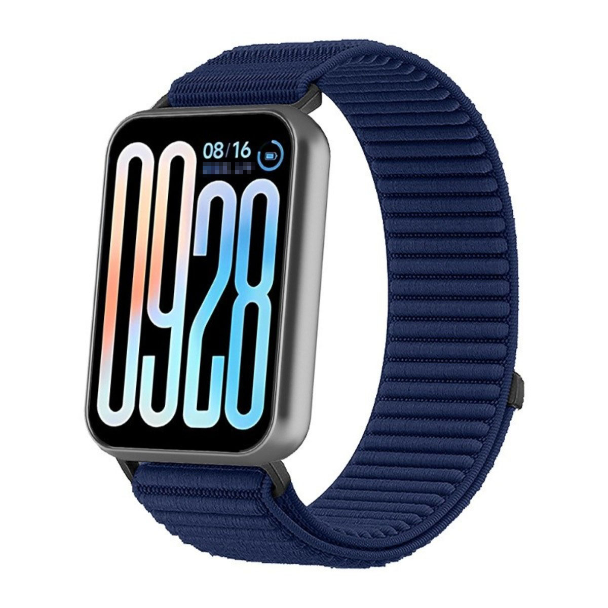 Eine digitale Smartwatch mit einem blauen Stoffarmband und einem silbernen Gehäuse.