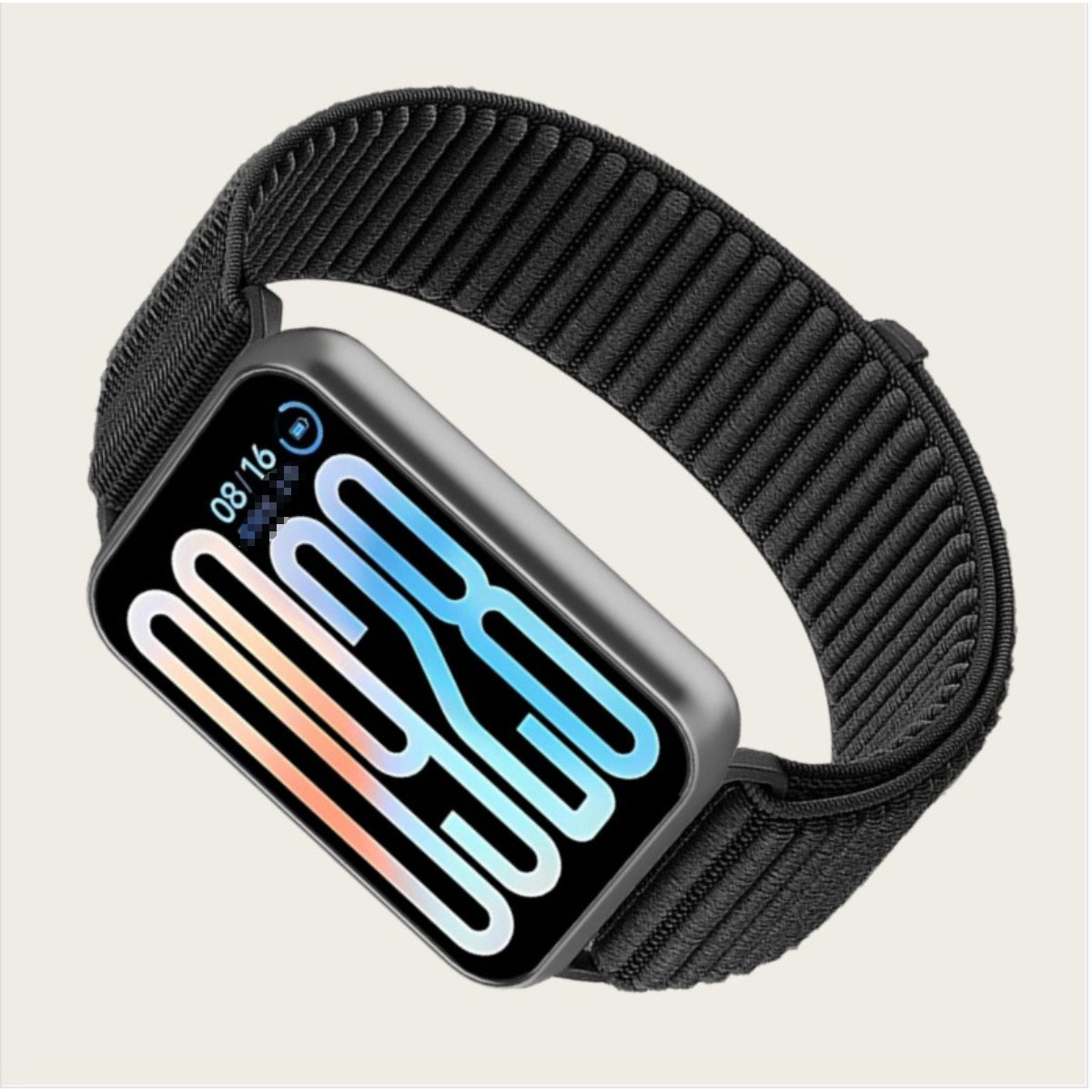 Eine schwarze Smartwatch mit einem Stoffarmband und einem bunten Zifferblatt.