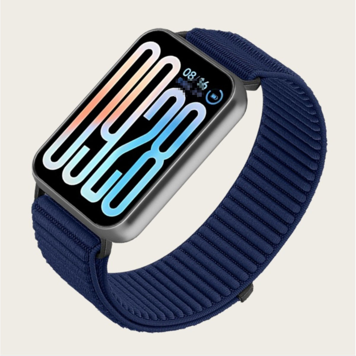 Eine dunkelblaue Smartwatch mit einem rechteckigen Bildschirm und einem Stoffarmband.