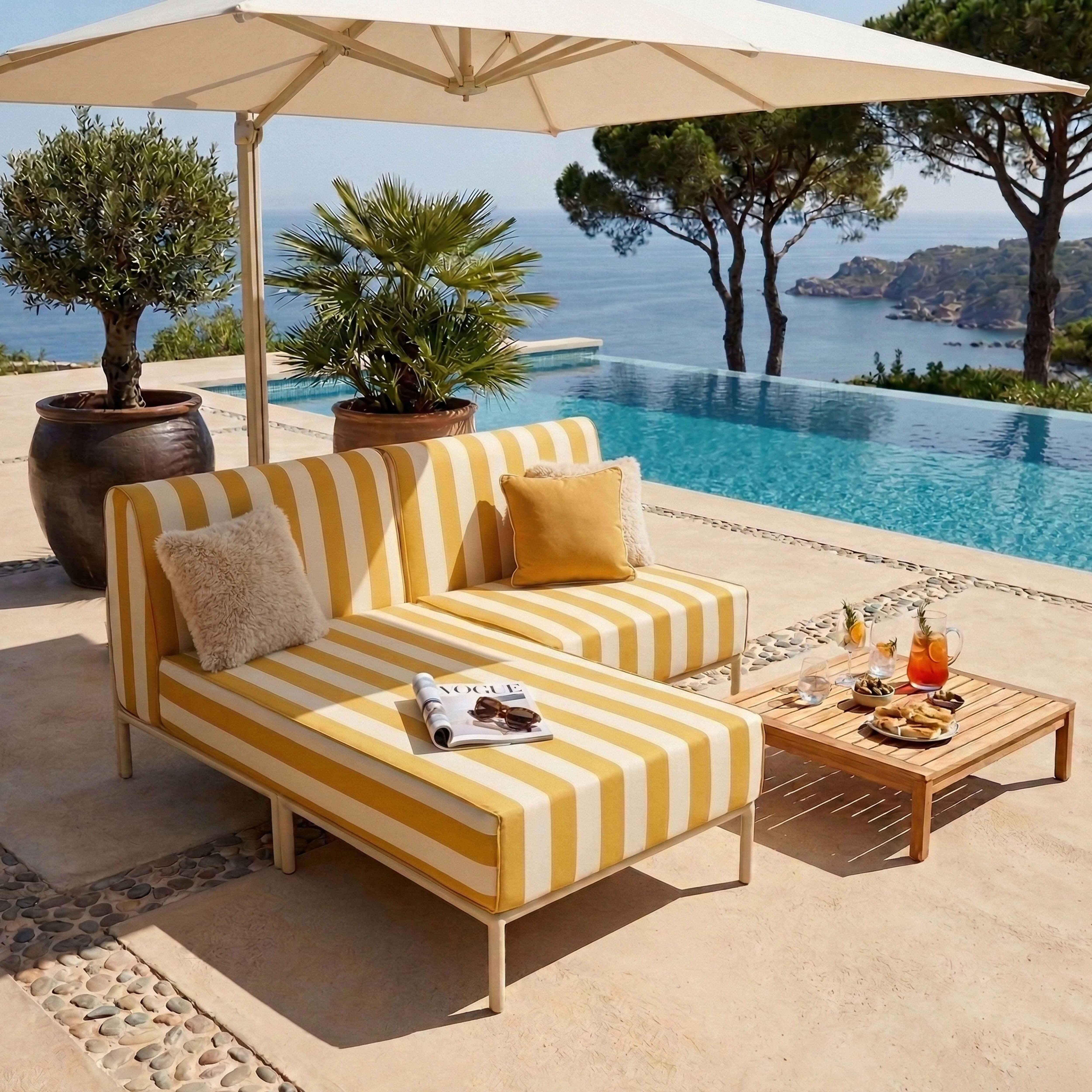 Ein gelb-weiß gestreiftes Sofa mit Kissen, eine Lampe und ein Tisch mit Getränken.