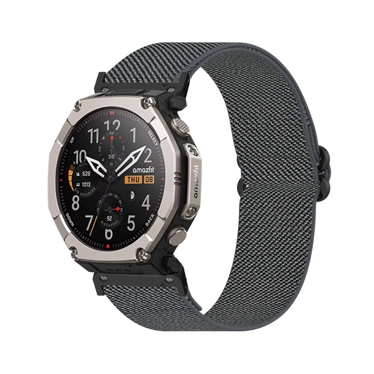 Eine graue Smartwatch mit schwarzem Zifferblatt und Stoffarmband.