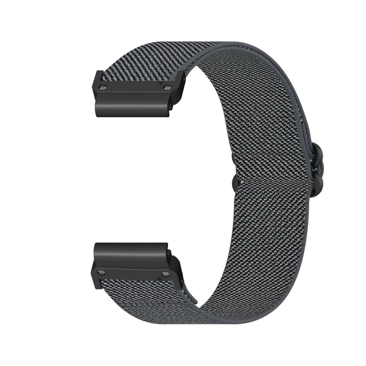 Ein graues Stoffarmband mit schwarzen Klemmen und einer Schnalle.