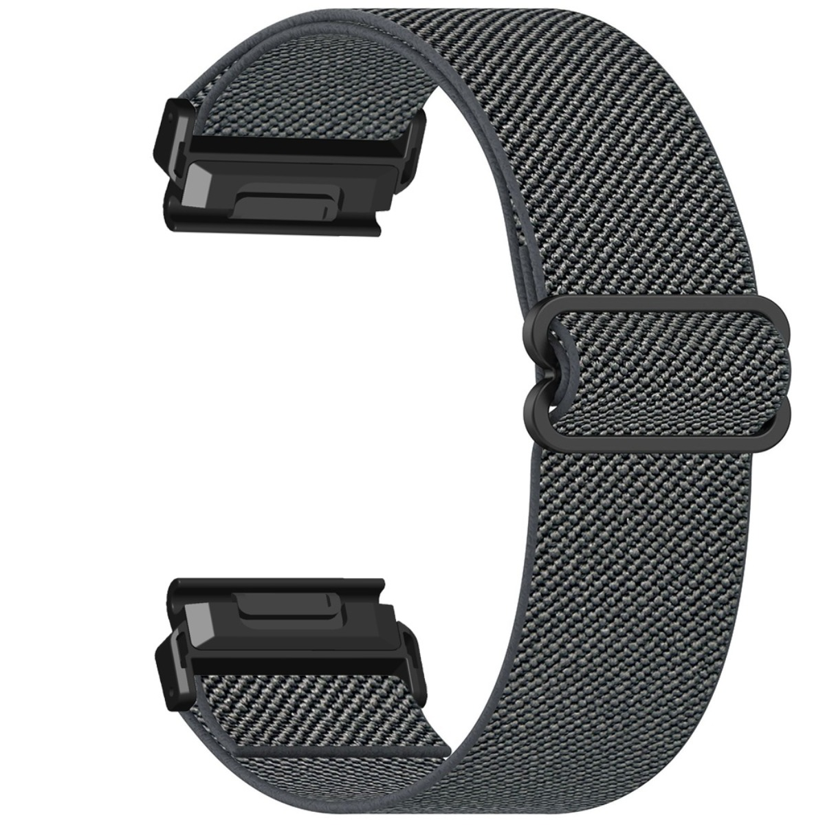 Ein graues Stoffarmband für eine Uhr mit schwarzen Schnallen.
