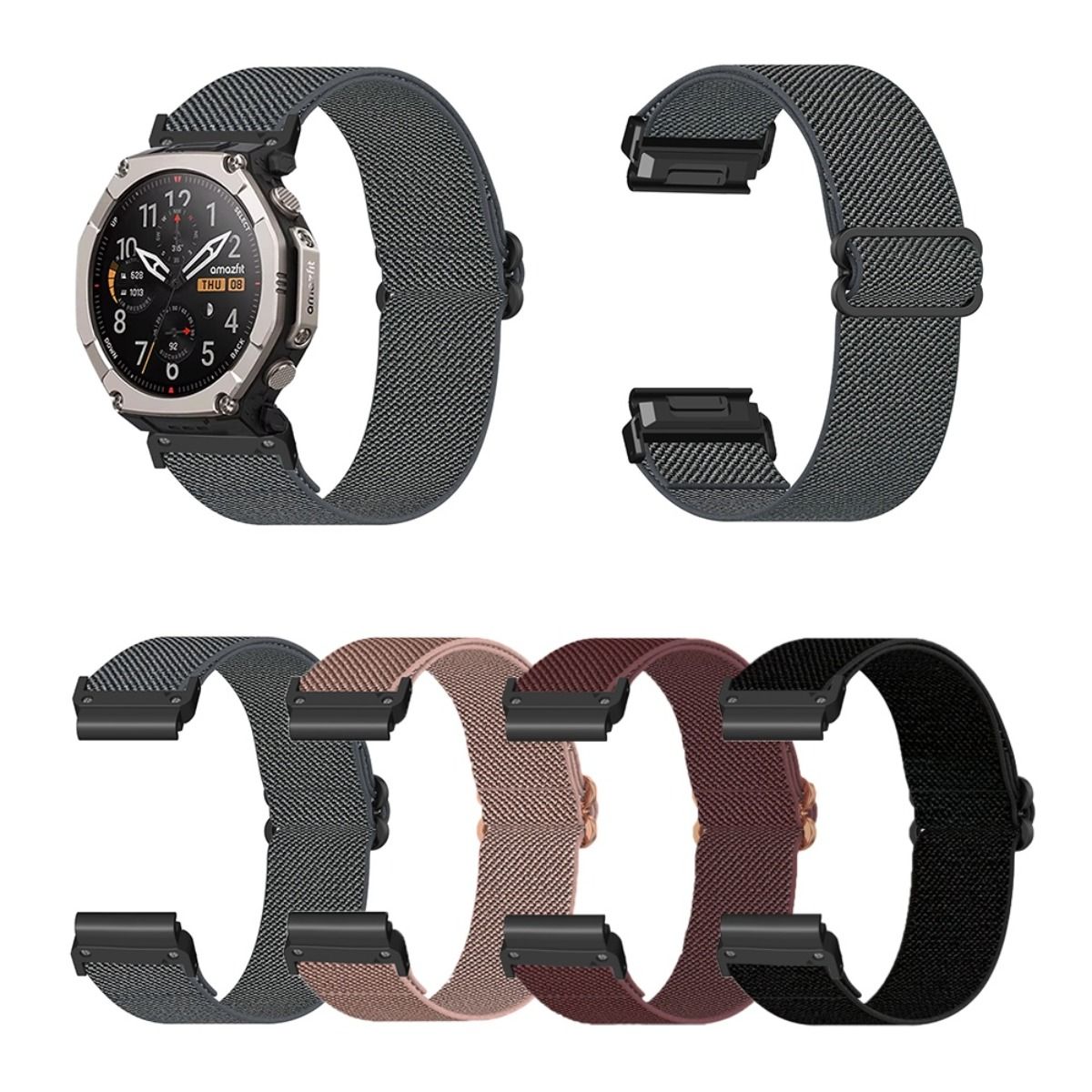 Ein silbernes Smartwatch-Zifferblatt mit einem grauen Stoffarmband und vier weiteren Armbändern in Grau, Rosa, Braun und Schwarz.