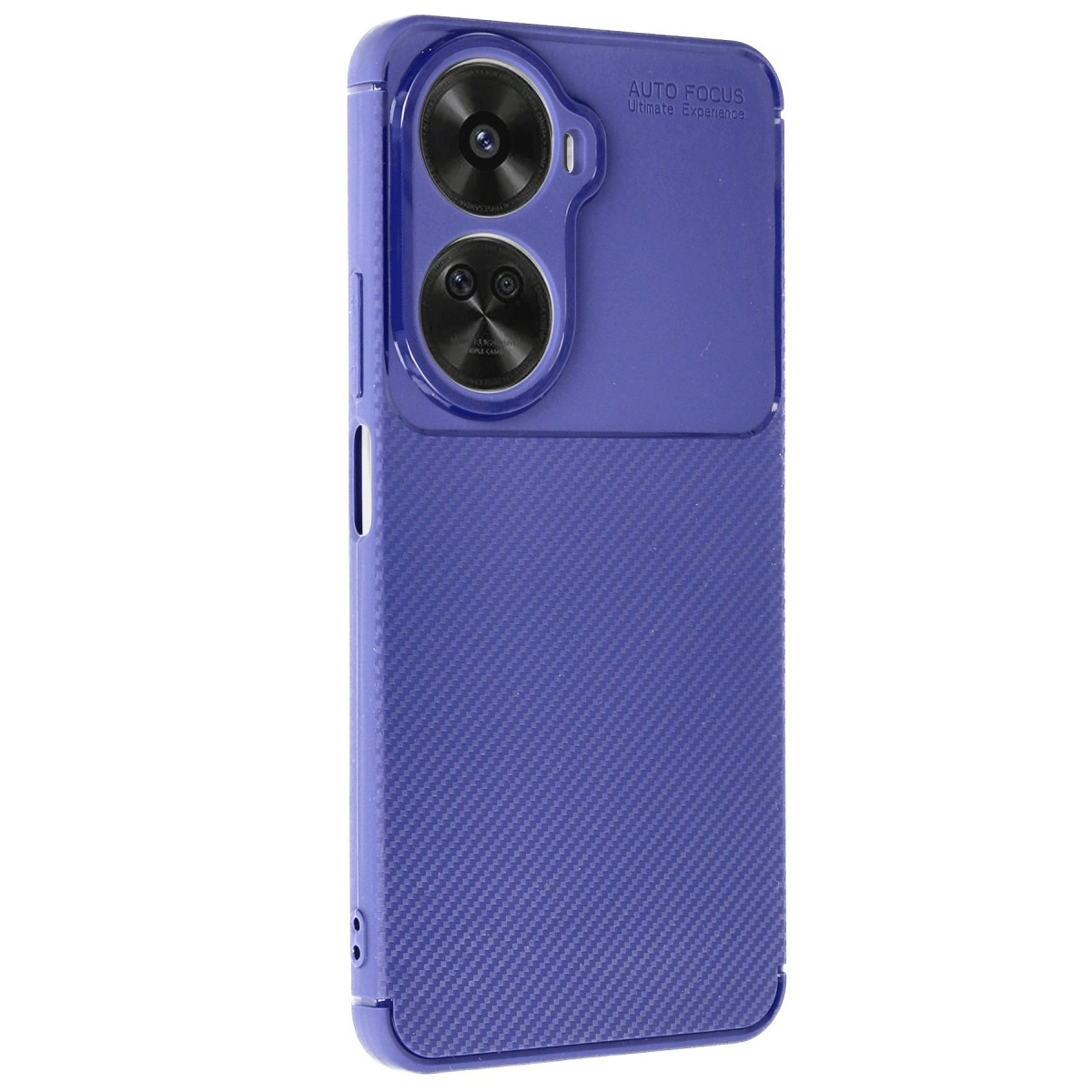 Karbon fiber desenli ve kamera kesimli mor telefon kılıfı.