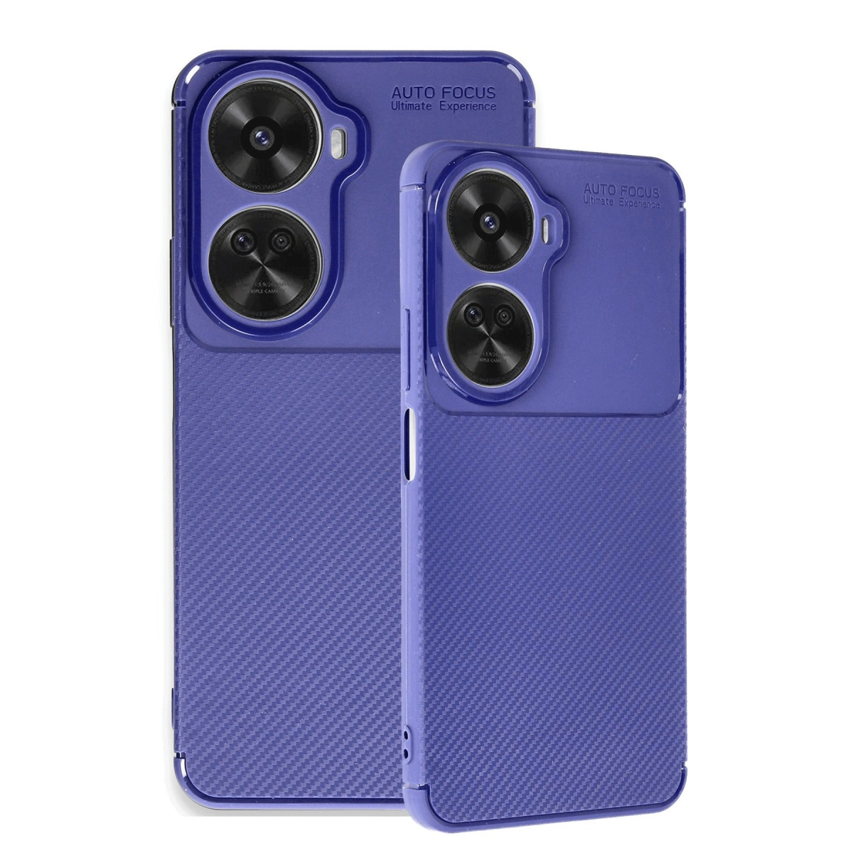 Karbon fiber dokulu, üç kameralı iki mor telefon kılıfı.