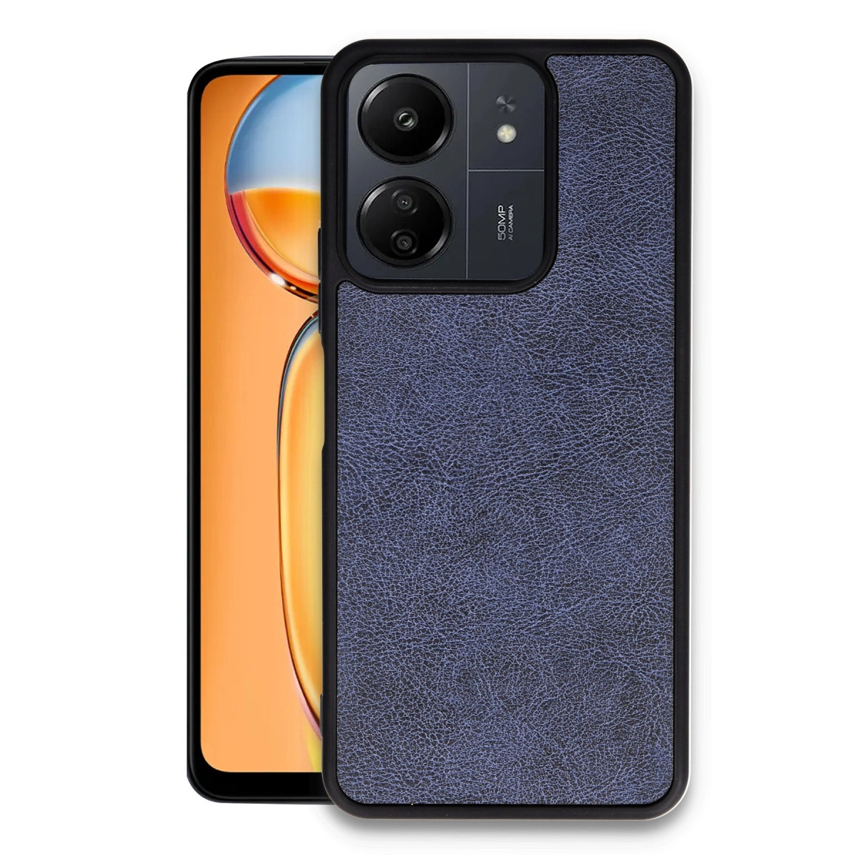 Doku kaplı deri kılıflı ve çift kamera lensli mavi telefon.