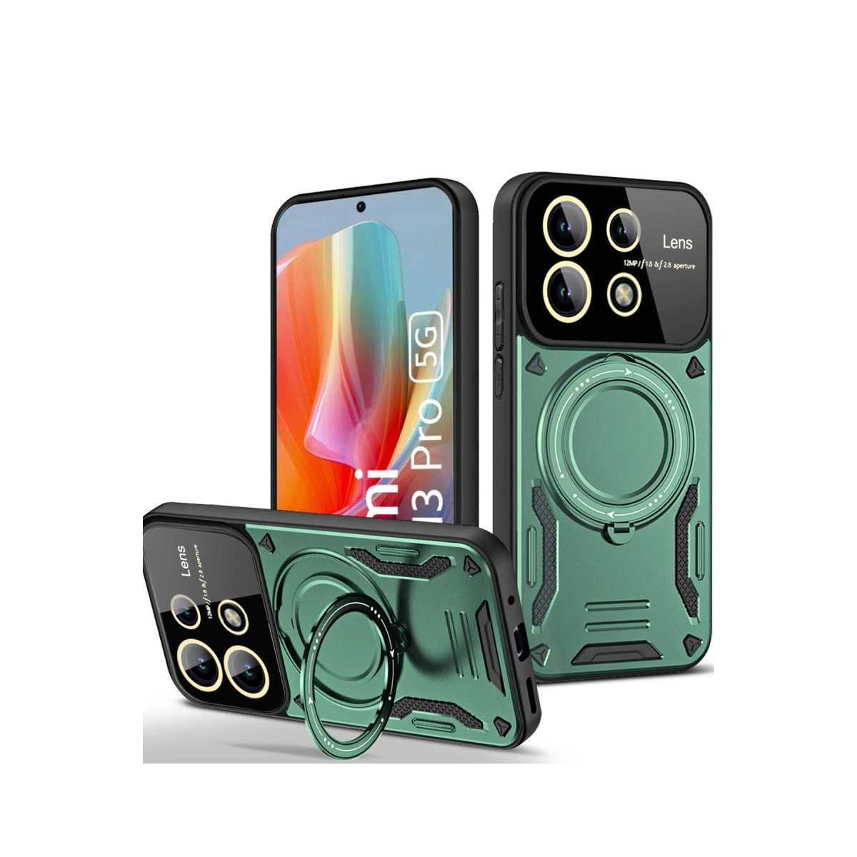 NEWFACE Xiaomi Redmi Note 13 Pro 5G Uyumlu Joy Lens Standlı Kapak Telefon Kılıfı Koyu Yeşil