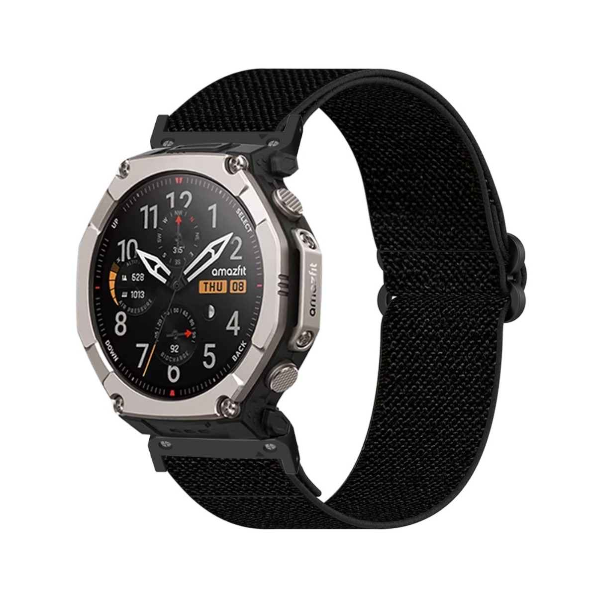 Smartwatch argentato con cinturino in tessuto nero e quadrante rotondo.