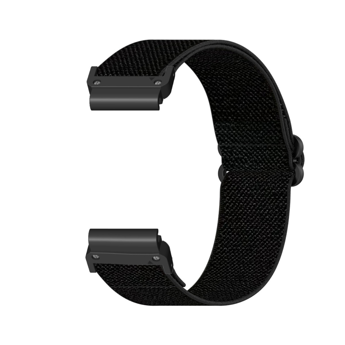Cinturino in tessuto nero con connettori neri, isolato su bianco.