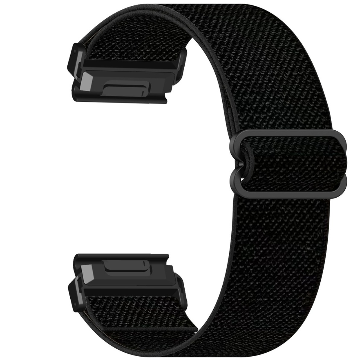Un cinturino per orologio in tessuto nero con fibbie e connettori neri.