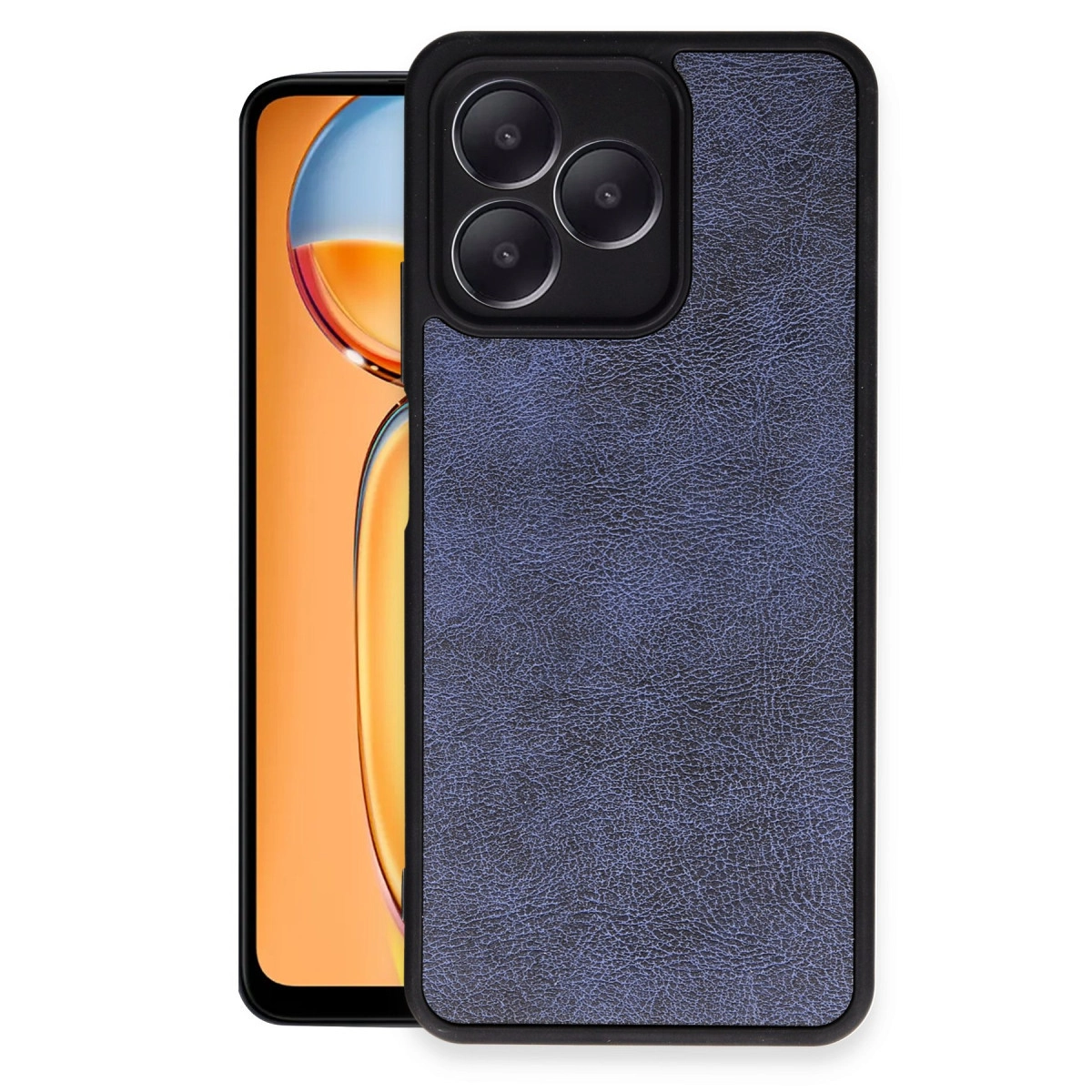 Koyu mavi deri dokulu telefon kılıfı, akıllı telefonda üçlü kamera lensli.